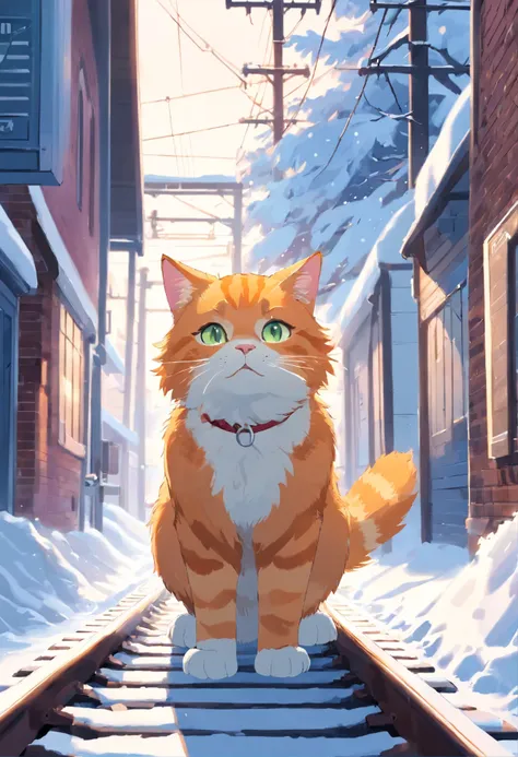 ginger cat, cat soul, snow, snowопад, railway tracks, train, 