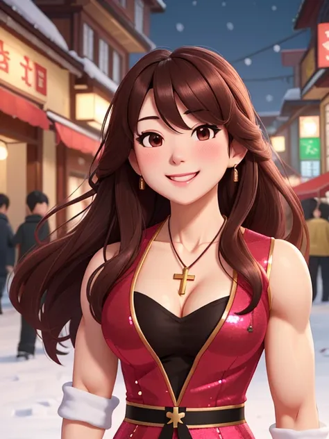 attractive korean woman, ripped muscle, muscular body, small breast, pale skin, smile(blush), sequins dress, cross necklace, sixpack abs, [ultra detailed skin:1.2], brown hair, long wavy hair, 8k uhd, full body, crowd, public, snow, standing,