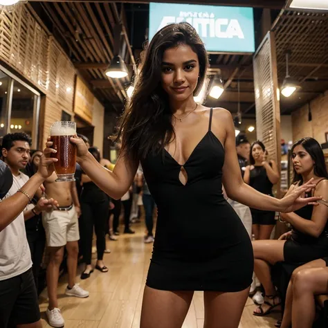 Modelo brasileira, friendly about 20 years ago, sorrir, academia, Posar no Instagram, noite, lotado, Bebidas, alcohol, boate, music, dancing, spontaneous, nightclub, crowded, lots of people close, she wears a black dress