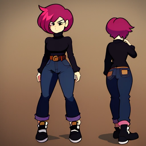 magenta hair,hair is styled in a bun,magenta bangs,black turtleneck,jeans,jean pants,white skin,bleach white skin,bangs covering eyes,black canvas shoes,cancas shoes,reference,reference sheet