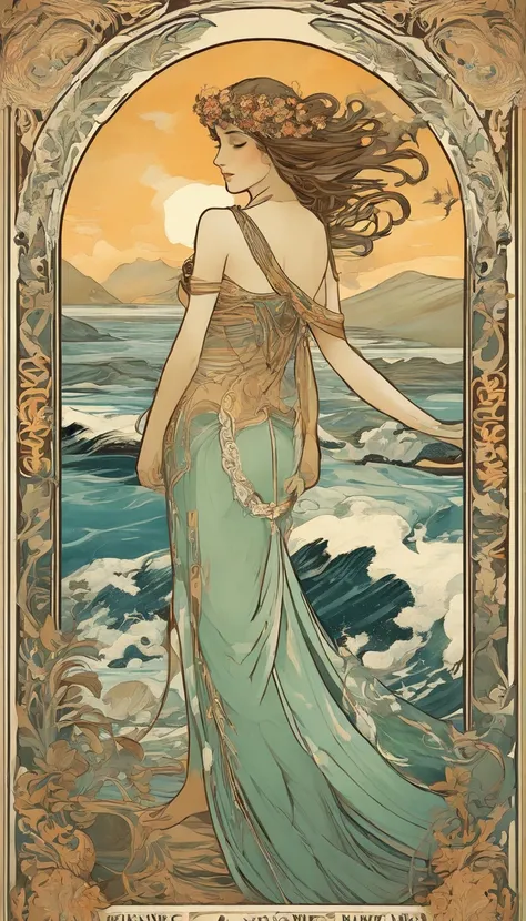 8K.Alphonse Mucha style poster illustration, Gothic Woman, goddess of sea, By the Black, pale-skinned, Flat painting, naked woman, Emmawatoso, no clothe, As a whole body,Slim body,bare-legged,modernism, waves and tsunami in the background, NFSW, masterpiec...