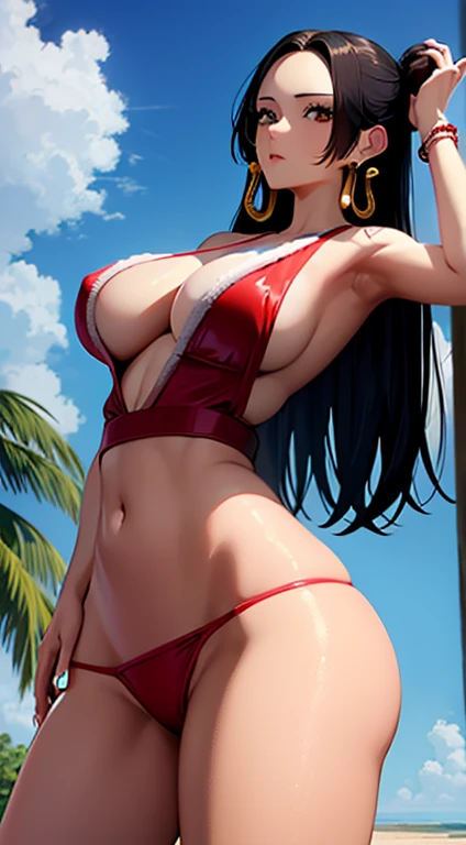 (masterpiece), best quality, expressive brown eyes, perfect face, massive breasi, standing, cotton red colour bikini and cotton penty, front facing, black hair, thigh legs , bracelet on her hand,beach background, earrings, Boa Hancock