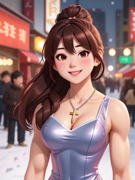 attractive korean woman, ripped muscle, muscular body, small breast, pale skin, smile(blush), sequins slit dress, cross necklace, sixpack abs, [ultra detailed skin:1.2], brown hair, hair bun, 8k uhd, full body, crowd, public, snow, standing,