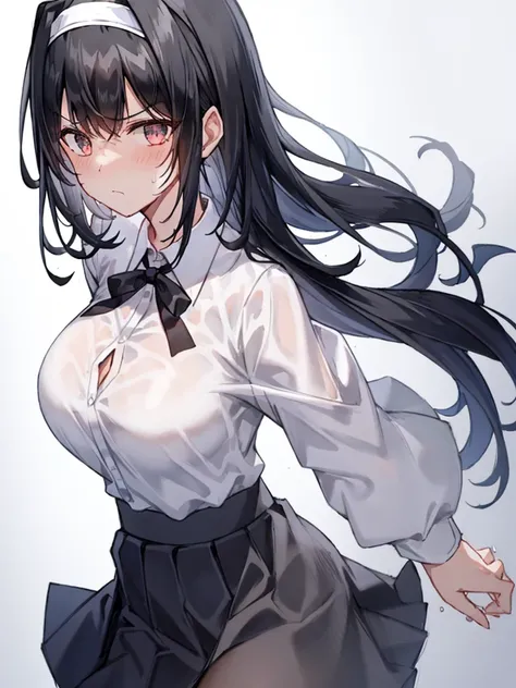 1girl black_hairband black_skirt blush breasts cleavage cowboy_shot flying_sweatdrops from_side frown grey_hair hairband long_sleeves looking_at_viewer medium_breasts mirror nape notice_lines open_mouth profile reflection shirt short_hair sideways_glance s...