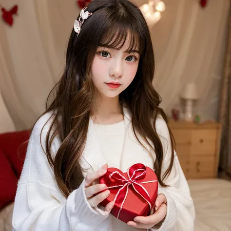 Heart-shaped present、young woman、Portrait、holding a present in both hands、The heart has a ribbon