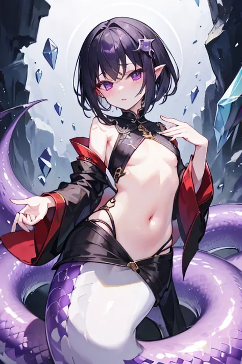 Lamia、fortune teller、delicate、small breasts、Short black hair、robe、Navel exposed、Purple scales、timid、crystal