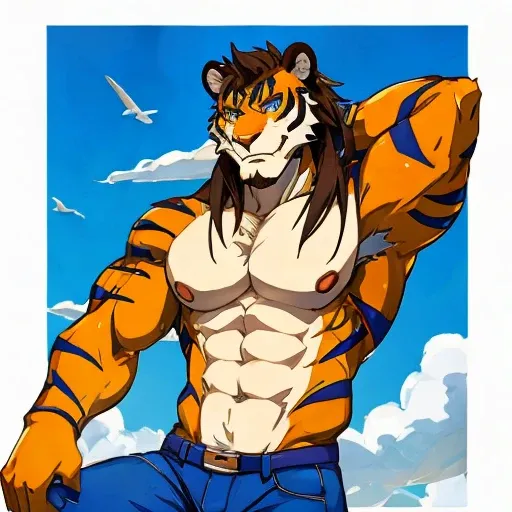 Tigre, musculoso, Skinny jeans, de espaldas, gran trasero, manos la cintura, ojos azules, sin playera, 