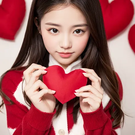 Heart-shaped present、young woman、Portrait、holding a present in both hands、The heart has a ribbon、Valentine