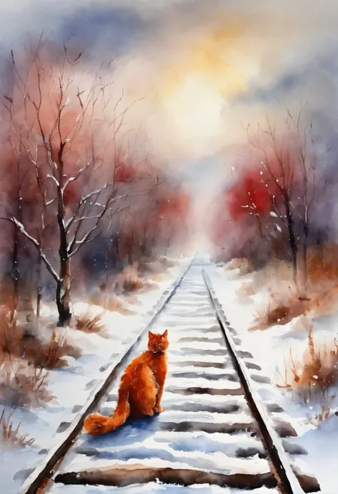 The soul of a red cat, sky, clouds, railway goes into the sky,snow, snowfall, railway tracks, train, cat tracks