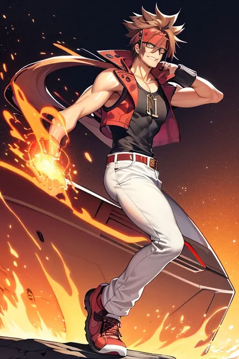 masterpiece, high resolution, best quality, 1 man, solo, Sol Badguy, 30 years old, slim body, long ponytail, red bandana on his head, red sleeveless jacket, black tank top, white pants, black sneakers, wearing navy blue glasses, perfect details, detailed h...