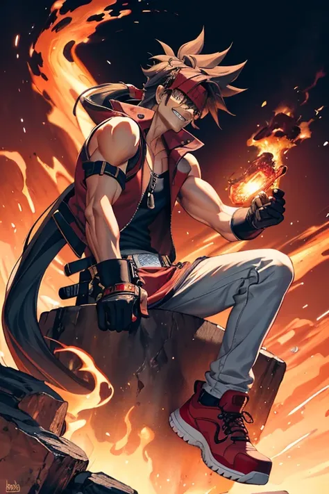 masterpiece, high resolution, best quality, 1 man, solo, Sol Badguy, 30 years old, slim body, long ponytail, red bandana on his head, red sleeveless jacket, black sleeveless gloves with red details, black tank top, white pants, black sneakers, wearing navy...