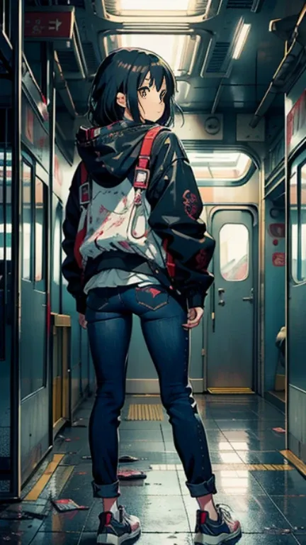 Playful little anime girl wearing a knee-length jacket, Full jeans, messy hair, (2D illustration:1.2), Visual Clutter, (1 girl:1.3), ((Abandoned stations, train)), morning, (Move away from the viewer while looking back)