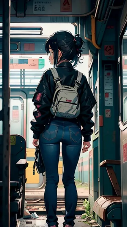 Playful little anime girl wearing a knee-length jacket, Full jeans, messy hair, (2D illustration:1.2), Visual Clutter, (1 girl:1.3), ((Abandoned stations, train)), morning, (Move away from the viewer while looking back)