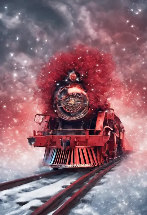 The soul of a red cat, sky, clouds, railway goes into the sky,snow, snowfall, railway tracks, train, cat tracks