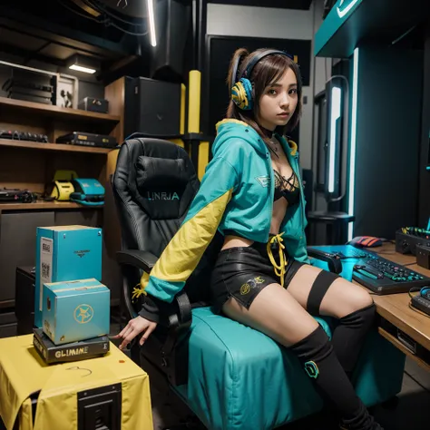 Terra online game with yellow headset ((Elin Character)), anime character, He&#39;s wearing a turquoise hoodie, sitting in front of a table looking straight at the camera in a very cool and expensive cyberpunk studio setting.. gaming chair, high end pc