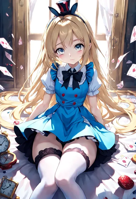 super detailed,(highest quality),((masterpiece)),(High resolution),original,Highly detailed 8K wallpaper,(very delicate and beautiful),
anime,
alice in wonderland,1girl Blonde Straight Hair Serious Stockings Sit Watch ( manga-anime , Gradient by Yumei Vict...