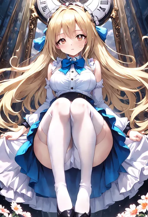 super detailed,(highest quality),((masterpiece)),(High resolution),original,Highly detailed 8K wallpaper,(very delicate and beautiful),
anime,
alice in wonderland,1girl Blonde Straight Hair Serious Stockings Sit Watch ( manga-anime , Gradient by Yumei Vict...