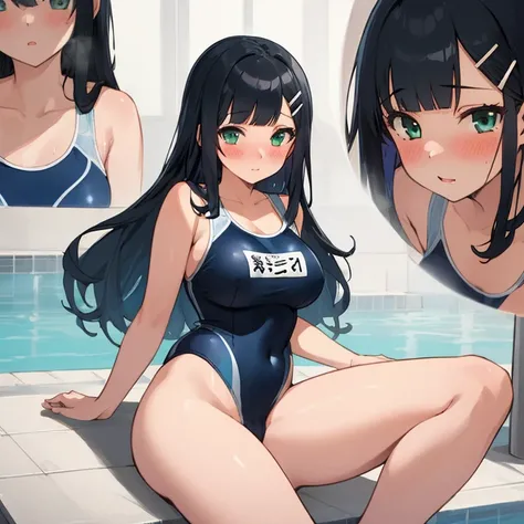 masterpiece,best quality,ultra detailed, best illustration, nsfw, 1girl, black_hair, bangs, long_hair, hair_ornament, blunt_bangs, blush, green_eyes, hairclip, aqua_eyes, T46405, blue one-piece swimsuit