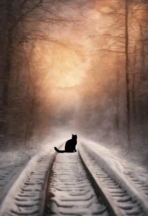 a cat sits on the railway tracks, going forward to the sunset, look into the distance, The train is far away, I look into the distance, inspired by Jean-Léon Jérôme, railway, Rails, Into the unknown, Looking into the distance, andrey gordeev, Looking at th...