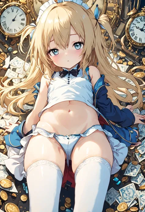 ultra-detailed,(best quality),((masterpiece)),(highres),original,extremely detailed 8K wallpaper,(an extremely delicate and beautiful),
anime,
Alice in Wonderland,1girl blonde straight hair serious stocking sit clocks ( manga-anime , gradient by Yuumei Vic...