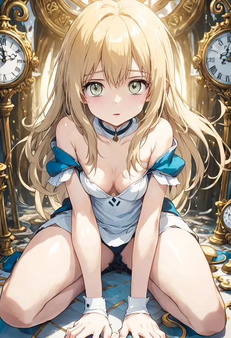 ultra-detailed,(best quality),((masterpiece)),(highres),original,extremely detailed 8K wallpaper,(an extremely delicate and beautiful),
anime,
Alice in Wonderland,1girl blonde straight hair serious stocking sit clocks ( manga-anime , gradient by Yuumei Vic...