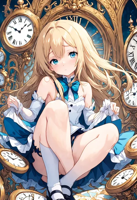 ultra-detailed,(best quality),((masterpiece)),(highres),original,extremely detailed 8K wallpaper,(an extremely delicate and beautiful),
anime,
Alice in Wonderland,1girl blonde straight hair serious stocking sit clocks ( manga-anime , gradient by Yuumei Vic...