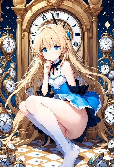 ultra-detailed,(best quality),((masterpiece)),(highres),original,extremely detailed 8K wallpaper,(an extremely delicate and beautiful),
anime,
Alice in Wonderland,1girl blonde straight hair serious stocking sit clocks ( manga-anime , gradient by Yuumei Vic...