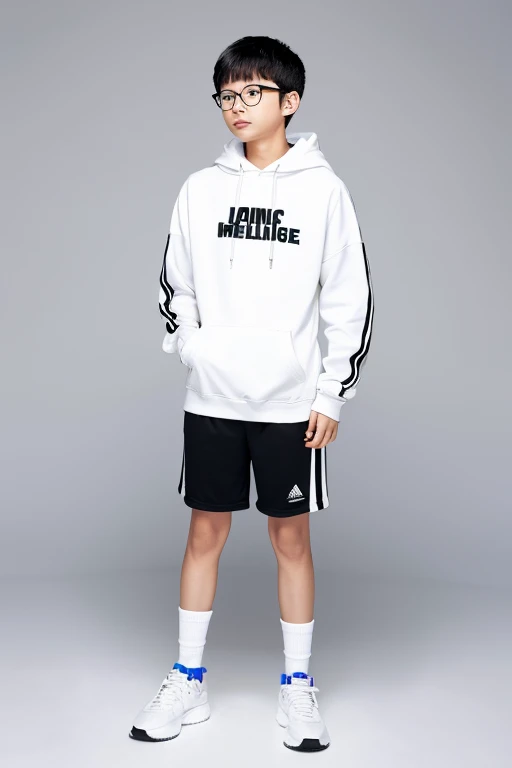 A standing 14 years old Japanese boy,silver edge glasses,looking at viewer,full body,hoodie,all body,face forward,arms behind back,white background