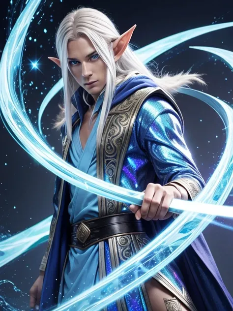 male elf wizard, slim, toned, blue eyes, platinum hair, flowing holographic robe, vertical oak staff, 