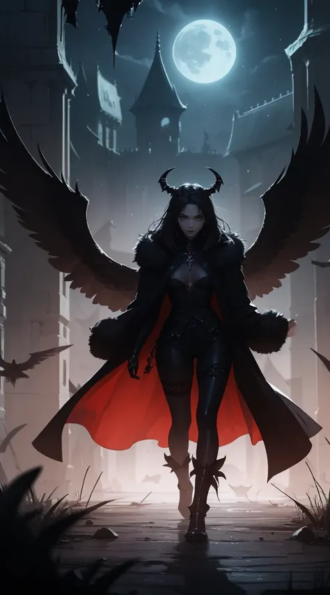 high quality, 8K Ultra HD, In the abyssal heart of enchantment, behold the ominous presence of the Dark Angel, crafted with audacious otherworldly finesse, Standing amidst the haunting shadows of a infernal castle, she is accompanied by a resplendent black...