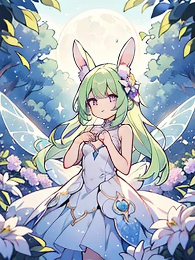 cute bellflower fairy, light green long hair with yellow ombre, pastel purple eyes, purple small bunny ears, moon bunny, innocent but ghostly, fairy dust, ethereal glow, floating in the air, delicate butterfly wings, enchanted garden, vibrant flowers, magi...