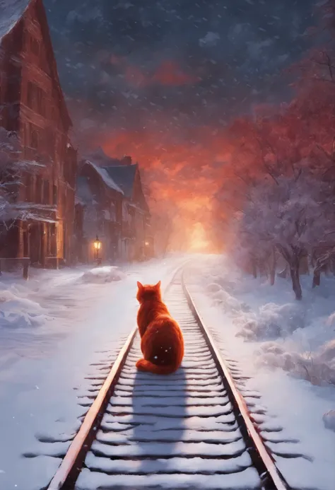 The red cat looks in horror, snowstorm, snow, sitting on the railroad tracks