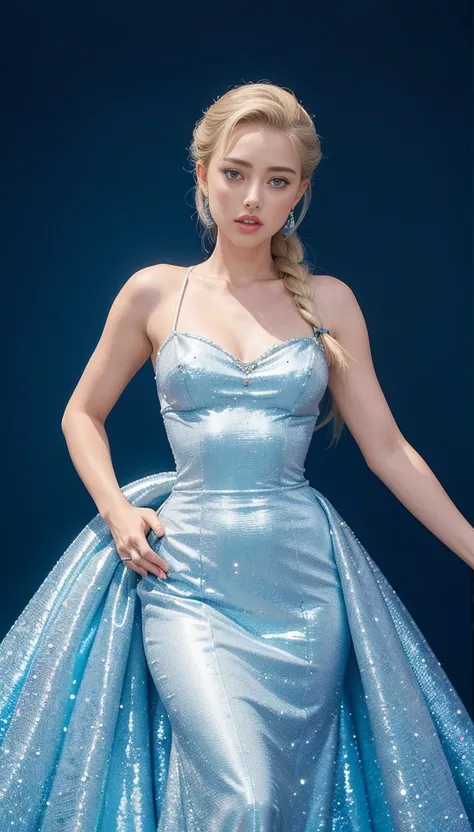 AMBER HEARD, Ana de Frozen, 28 years old, afuera, Walt Disney, cuerpo completo, vestido elegante azul claro, LINDA POSE ELEGANTE