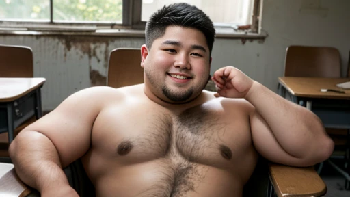 comfetely nude, nsfw, sit on a chair，severely torn shirt，muddy，School ruins，smile，realistic，khd， Super giant，Half-human, half-Asian black bear, (((Naked young man))), ((wrap a small cloth around the lower body))，no pants, Short and stocky exposed，Erection ...