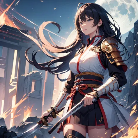 Masterpiece, highest quality, high resolution, solo presentation of a Japan female samurier clad in traditional armor, wielding a katana under the gentle glow of a huge moon, as she undergoes a mesmerizing fusion with the future. Her energy radiates, skin ...