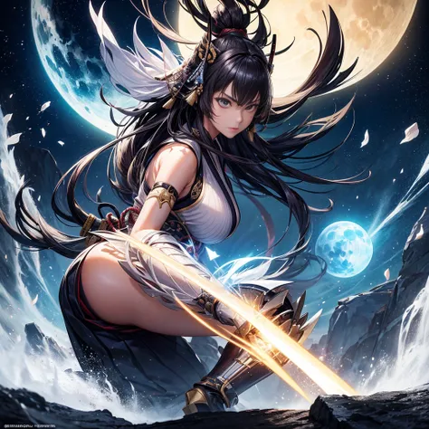 Masterpiece, highest quality, high resolution, solo presentation of a Japan female samurier clad in traditional armor, wielding a katana under the gentle glow of a huge moon, as she undergoes a mesmerizing fusion with the future. Her energy radiates, skin ...