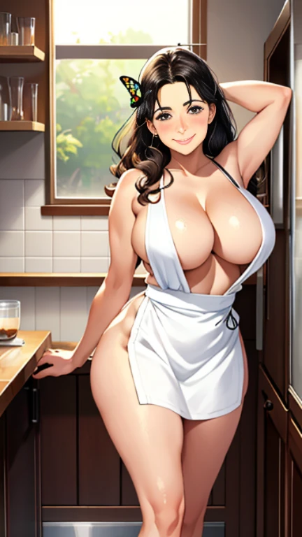 1girl, solo, black hair, butterfly hair ornament, (naked:1.3), (white apron), large breasts, cleavage, thighs, cafe background, (blushing:1.3),brown eyes, Carla Yeager , smiling, standing, arms up, realistic eyes, perfect shaped beautiful body, Carla Yeage...