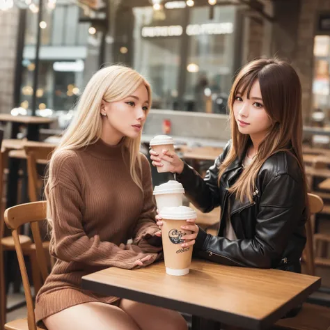 blonde woman sitting at a table with a cup of coffee, woman drinking coffee, drinking a coffee, drinking coffee, enjoying coffee at a coffee shop, cute woman, attractive girl, mysterious coffee shop girl, anna nikonova aka newmilky, sitting in a cafe, sitt...