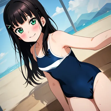 masterpiece,best quality,ultra detailed, best illustration, nsfw, 1girl, black_hair, bangs, long_hair, hair_ornament, blunt_bangs, blush, green_eyes, hairclip, aqua_eyes, T46405, blue one-piece swimsuit