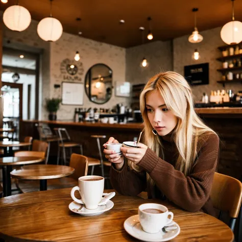 blonde woman sitting at a table with a cup of coffee, woman drinking coffee, drinking a coffee, drinking coffee, enjoying coffee at a coffee shop, cute woman, attractive girl, mysterious coffee shop girl, anna nikonova aka newmilky, sitting in a cafe, sitt...