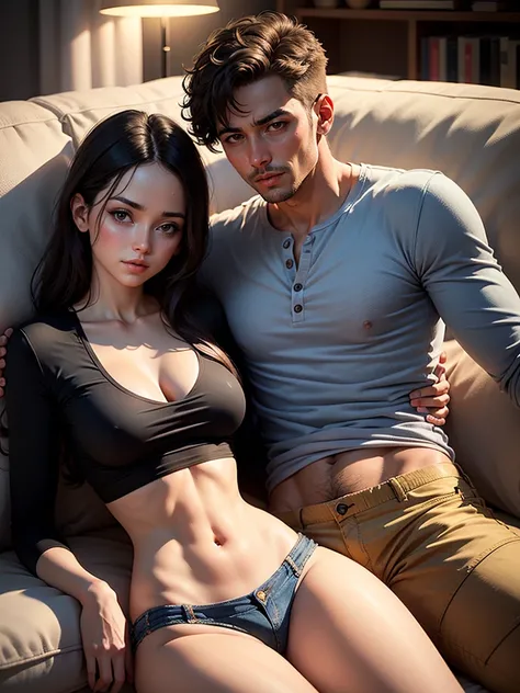 obra de arte, melhor_qualidade, casal, Beijo profundo, lying on the sofa, mulher de blusa branca e minissaia, sem camisa e homens de jeans, rosto perfeito, 4k, HDR, complete in high definition, HDR, adequate lighting, In the evening,