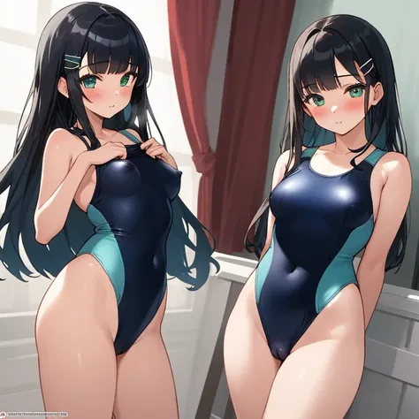 masterpiece,best quality,ultra detailed, best illustration, nsfw, 1girl, black_hair, bangs, long_hair, hair_ornament, blunt_bangs, blush, green_eyes, hairclip, aqua_eyes, T46405, blue one-piece swimsuit