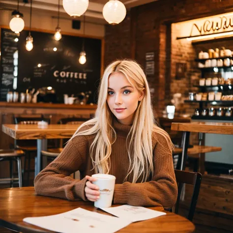 blonde woman sitting at a table with a cup of coffee, enjoying coffee at a coffee shop, cute woman, attractive girl, mysterious coffee shop girl, anna nikonova aka newmilky, sitting in a cafe, sitting in a cafe alone, gorgeous lady, beautiful blonde girl, ...