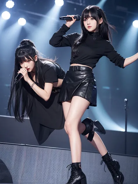 Female idol, dressed in black dancer, long black hair, flat bangs, hair tied in one knot, knee-length black skirt, female idol