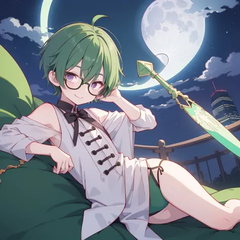 Shota boy,green hair,short hair,wearing a black circle glasses,two green antenna,purple eyes,cute,white skin,innocent,smiling,shy,night in shanghai,fullbody,in the night sky with clouds and moon,sleeping,holding a crescent-shaped magic staff,lying in the s...