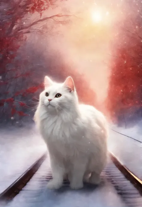 red and white cat with wings look from the sky at the train receding into the distance, snowstorm, blizzard, Polar express leaves for heaven, choo choo, Beautiful digital images, Cute illustrations, Sakimi, Train, Andrey Gordeev, Rails, charming digital pa...