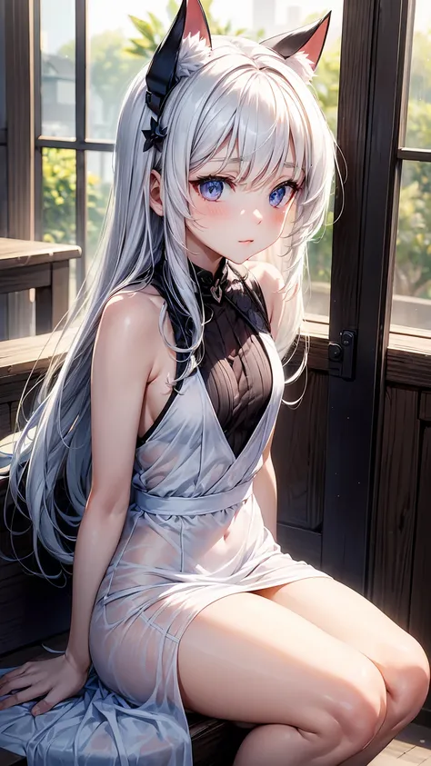 anime - style image of a woman with long white hair and a cat ears, white-haired god, Perfect white haired girl, from girls frontline, Best anime 4k konachan wallpaper, cute anime waifu in a nice dress, white haired Cangcang, in dress, seductive anime girl...