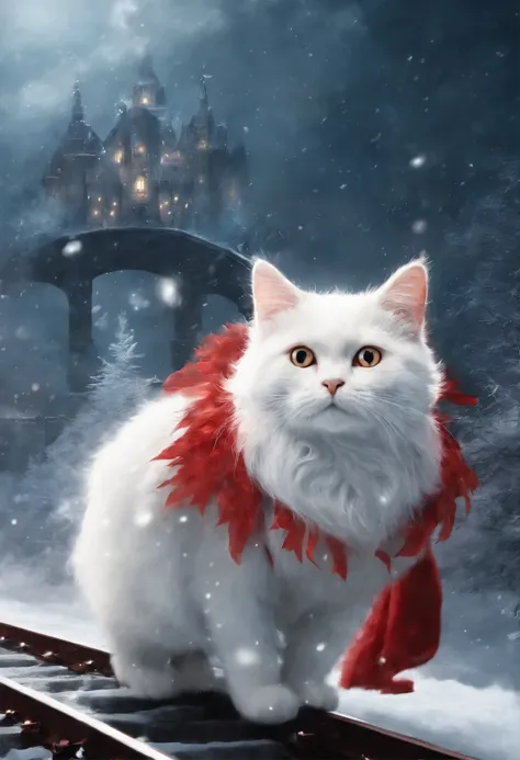 red and white cat with wings look from the sky at the train receding into the distance, snowstorm, blizzard, Polar express leaves for heaven, choo choo, Beautiful digital images, Cute illustrations, Sakimi, Train, Andrey Gordeev, Rails, charming digital pa...