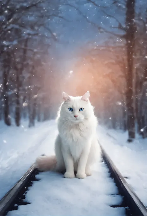 A sobbing white cat walks along the snow-covered railway tracks, inspired by Jean-Léon Jérôme, The train is far away, Beautiful digital images, Alexander Kucharsky, Ginger Cat, from Anna Haifish, Relya Penezic, Into the unknown, HQ 4K Phone Wallpaper, awes...