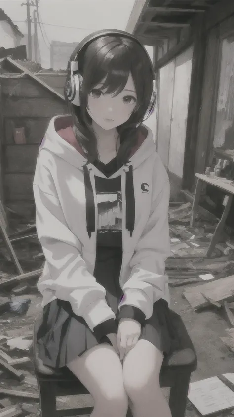 masterpiece, one girl, alone, incredibly absurd, hoodie, headphones, rain, neon,Future Soul Arts, Dirty woman sitting on chair in dilapidated house, wet and messy hair above the eyes,pleated skirt. vixip, Close-up scenery, hurt. hand drawn, cinematic light...